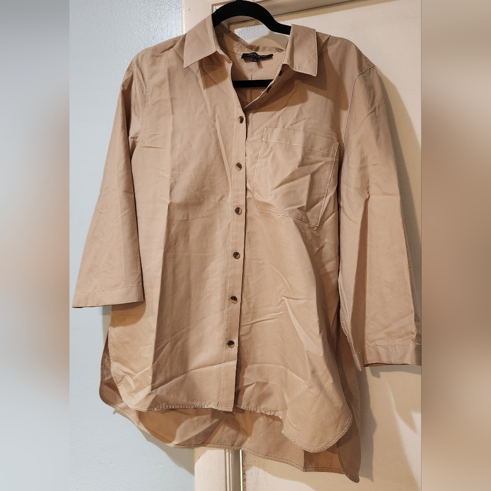 Women's Lafayette 148 NY Tan Button-Up Shirt, Size L - Picture 1 of 11